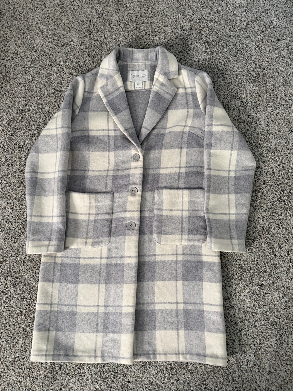 Rachel Zoe Gray and White Plaid Wool-Blend Pea Coat, Size L